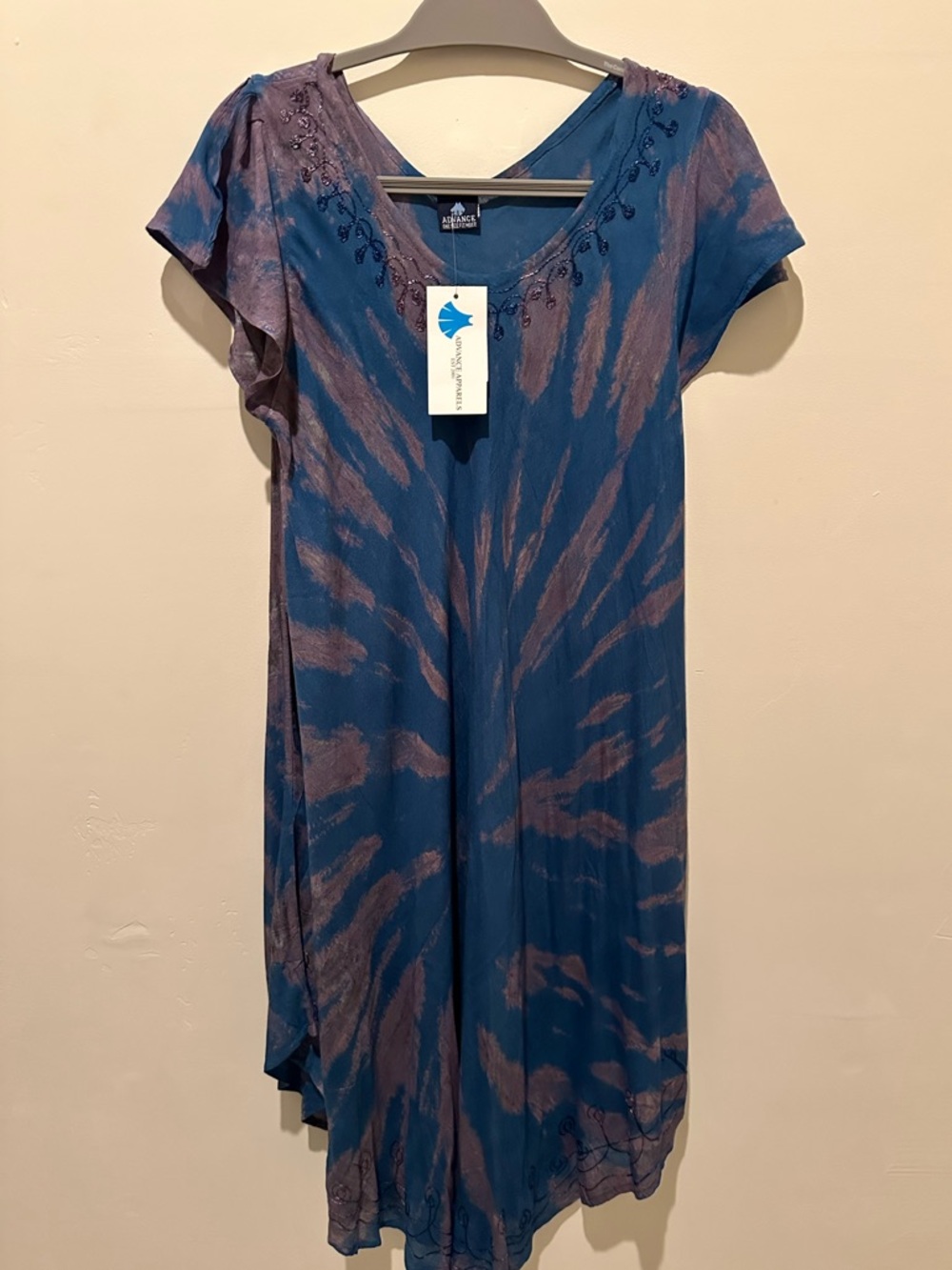 Advance Apparels Blue and Taupe/Pink Embroidered Neckline Dress or Swim Cover-up